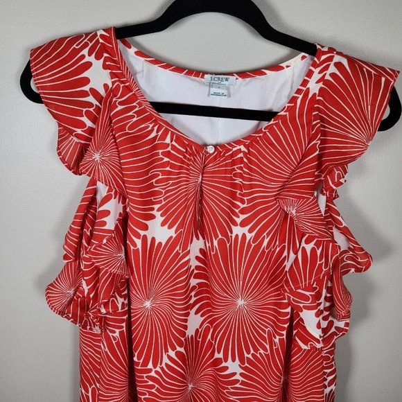 J Crew Dress Womens S Red Orange Floral Ruffle Flutter Sleeveless Keyhole Sun - Picture 2 of 12